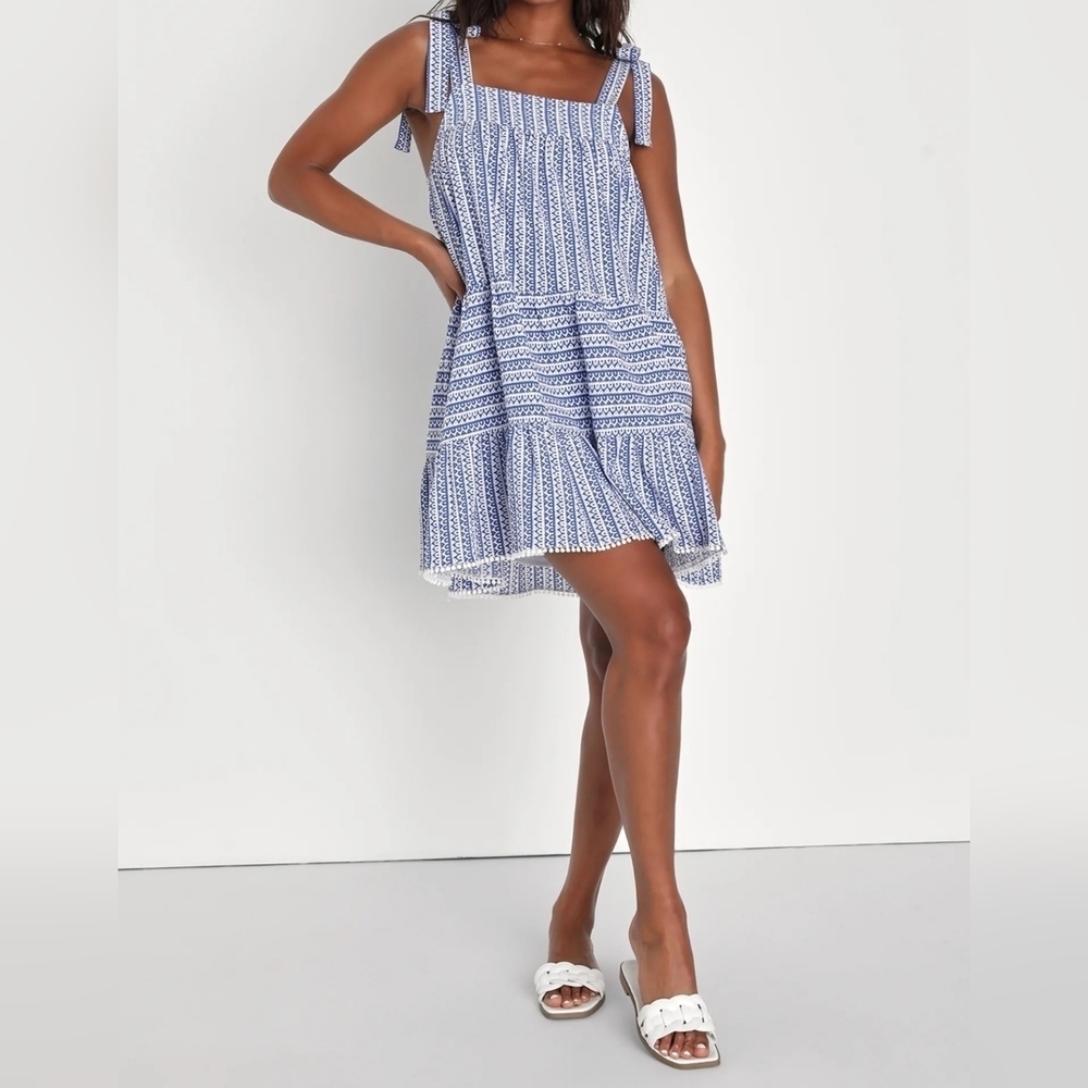 Lulus Chic in Santorini Blue and White Tie-Strap Dress With Pockets, Size Medium